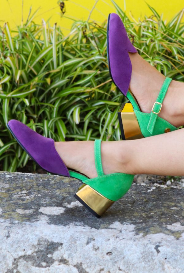 Purple and Green semi-opened Medium Heel Shoes