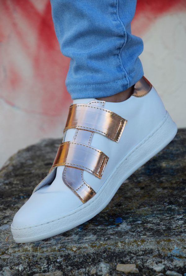 White and Rose Gold Metallic Leather Sneaker in Small Sizes