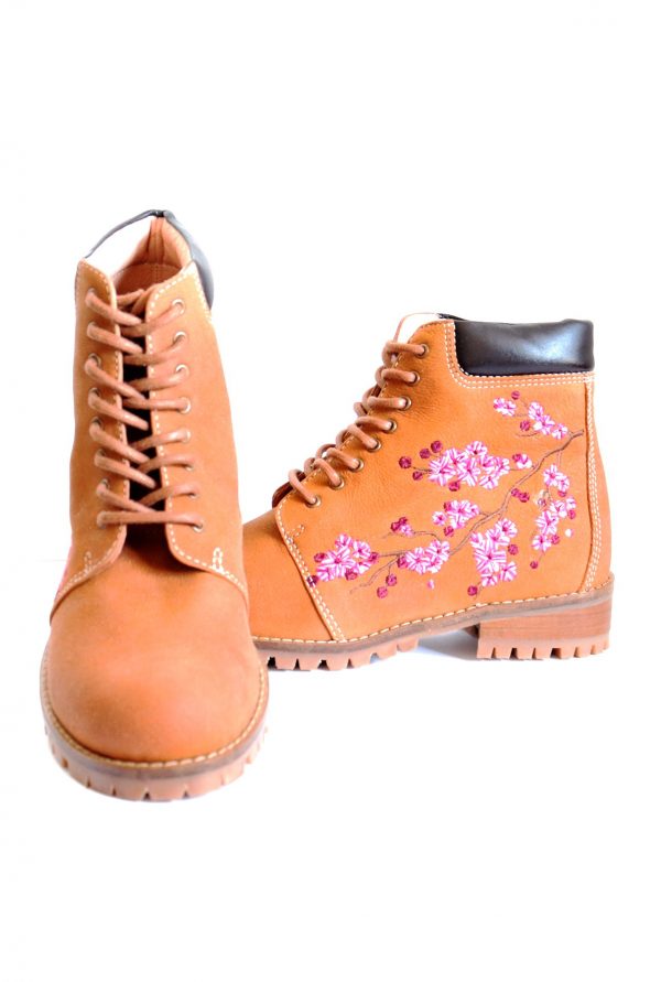 Camel Cherry Blossom Embroidered Ankle Boots